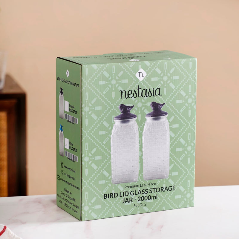 Lattice Glass Storage Container With Blue Bird Lid Set Of 2 2000ml