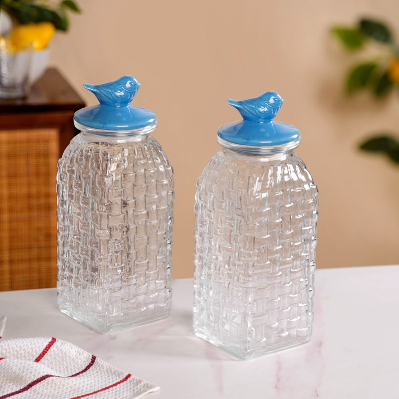 Lattice Glass Storage Container With Blue Bird Lid Set Of 2 2000ml