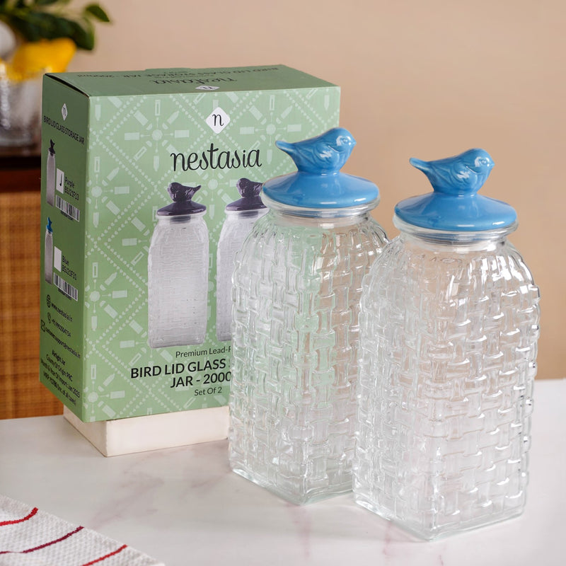 Lattice Glass Storage Container With Blue Bird Lid Set Of 2 2000ml
