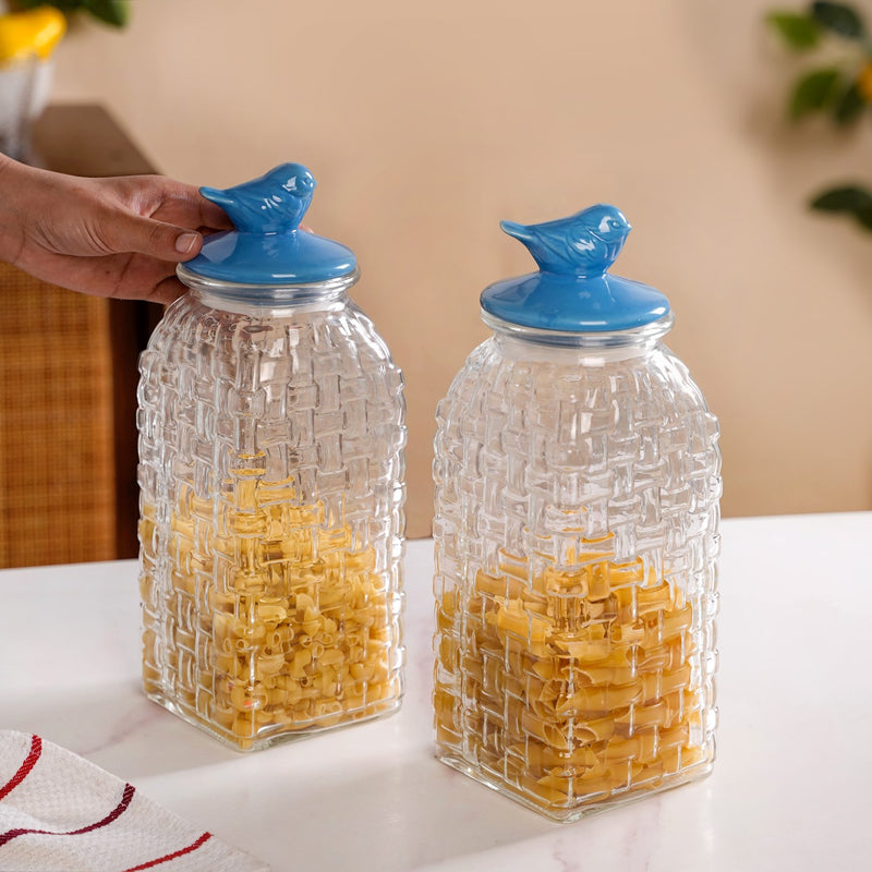 Lattice Glass Storage Container With Blue Bird Lid Set Of 2 2000ml