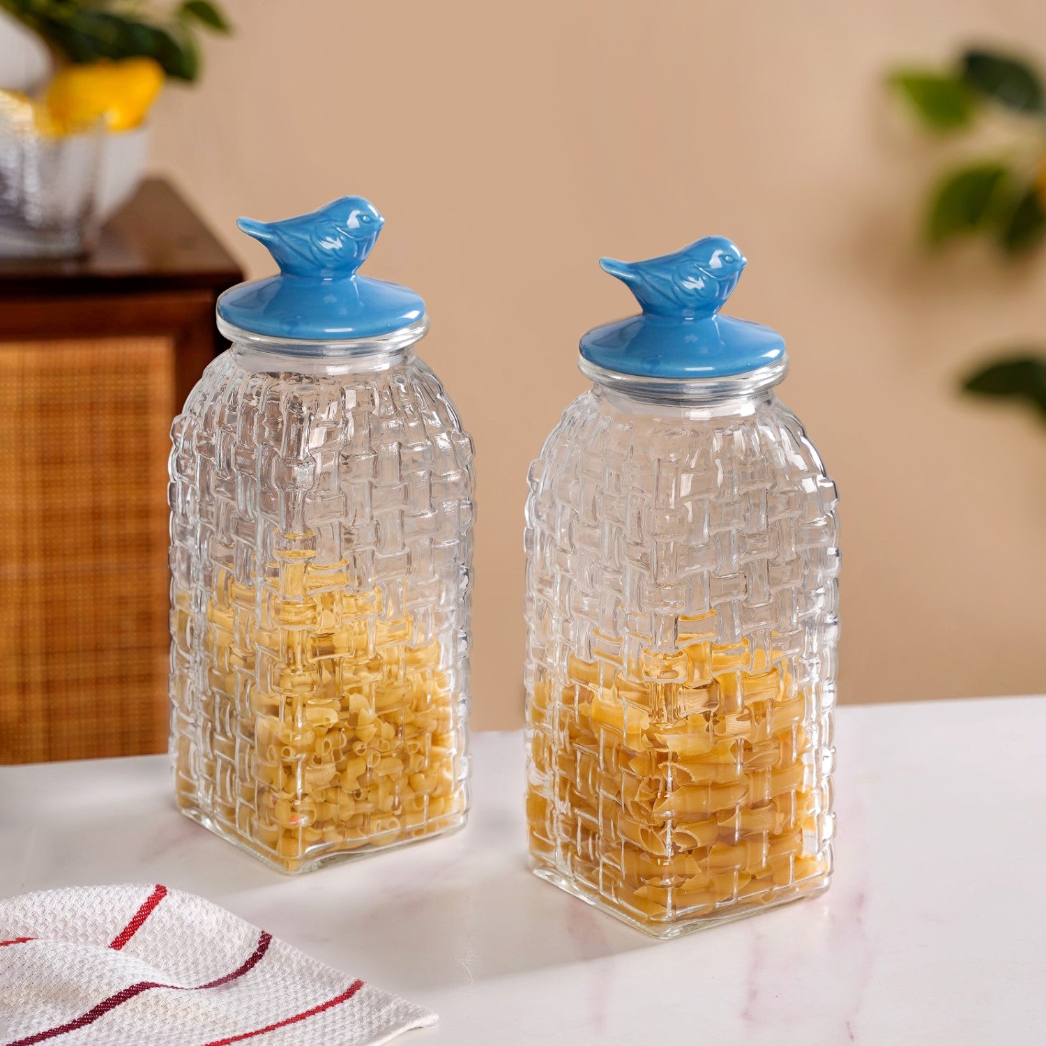 Lattice Glass Storage Container With Blue Bird Lid Set Of 2 2000ml