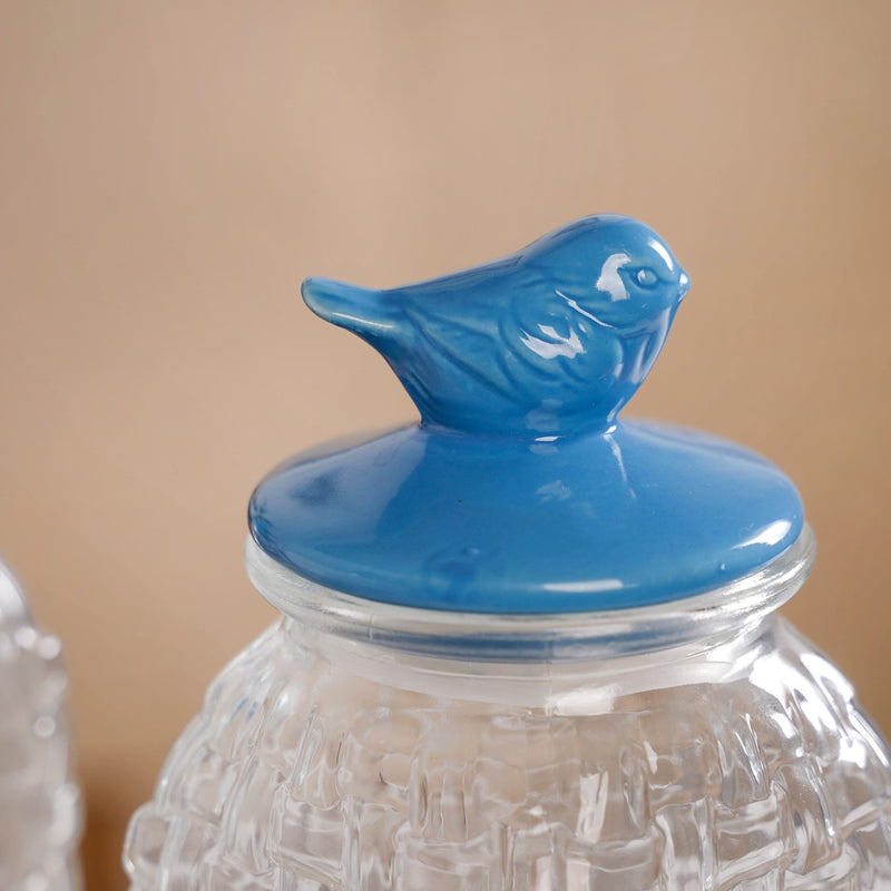 Lattice Glass Storage Container With Blue Bird Lid Set Of 2 2000ml