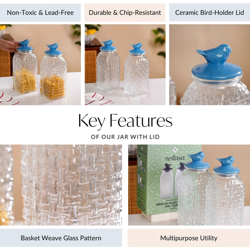 Lattice Glass Storage Container With Blue Bird Lid Set Of 2 2000ml