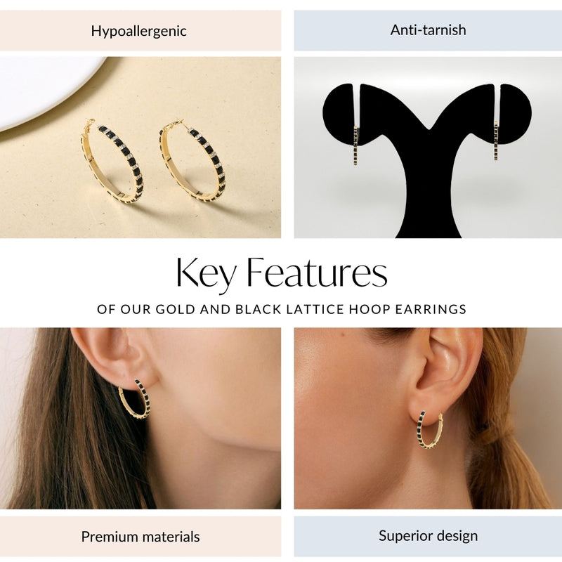 Gold And Black Lattice Hoop Earrings
