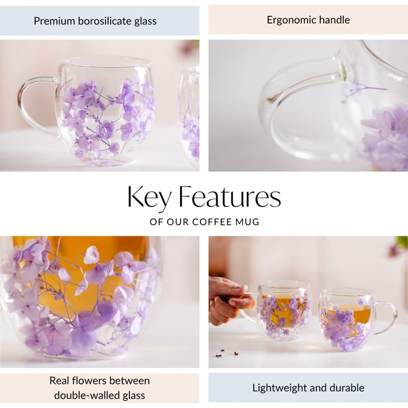 Lavender Flowers Inside Double Walled Coffee Mug Set Of 2 250ml