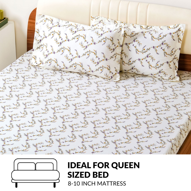 Lavender Vine Queen Size Pure Cotton Bedding Set 254x229cm