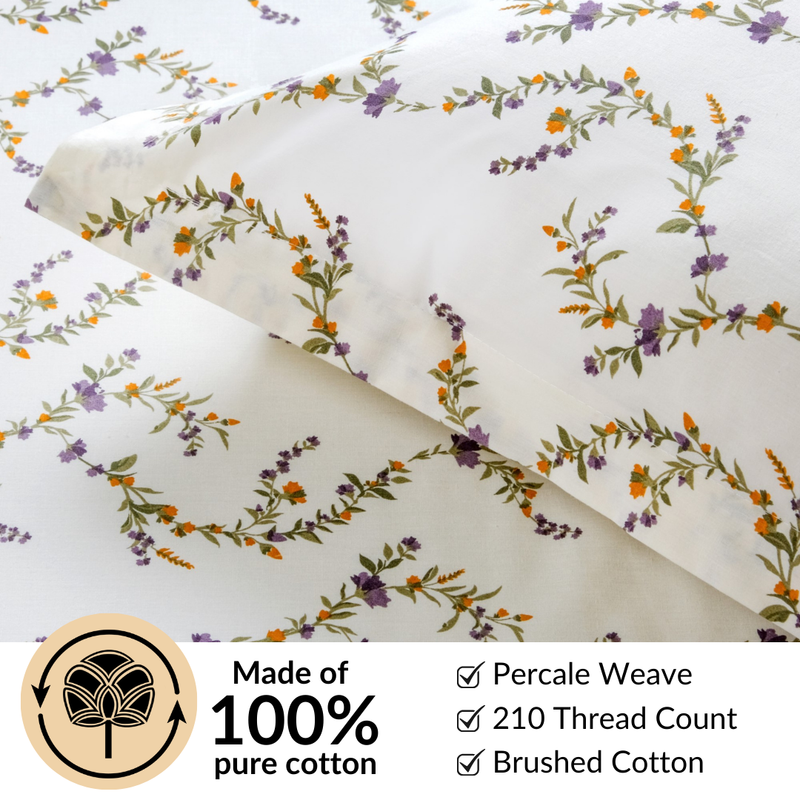 Lavender Vine Queen Size Pure Cotton Bedding Set 254x229cm