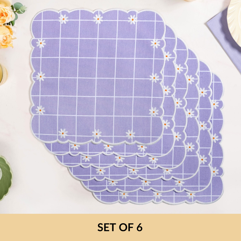 Lavender Lattice Scallop Embroidered Cotton Table Mat Set Of 6