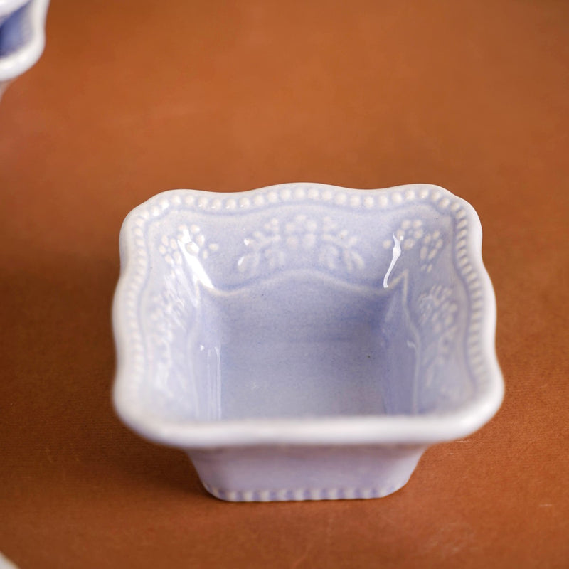 Floral Embossed Small Square Dip Bowl Set Of 6 Lavender 60ml - Dip bowls, mini bowls, ceramic dip bowls, small ceramic bowls