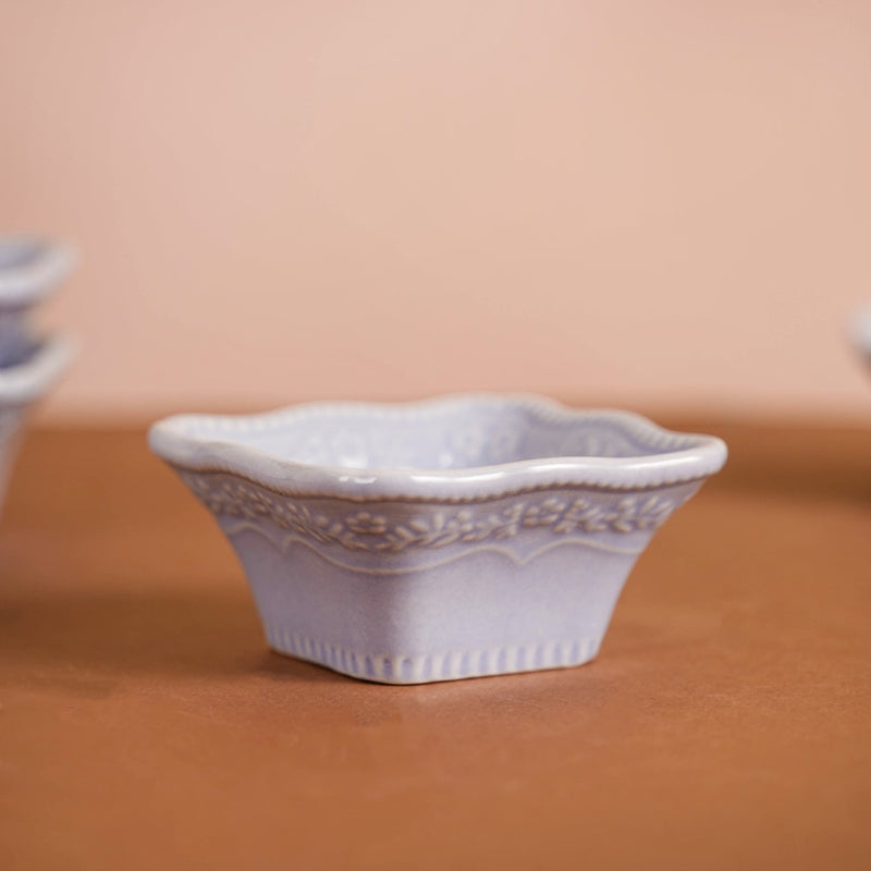 Floral Embossed Small Square Dip Bowl Set Of 6 Lavender 60ml - Dip bowls, mini bowls, ceramic dip bowls, small ceramic bowls