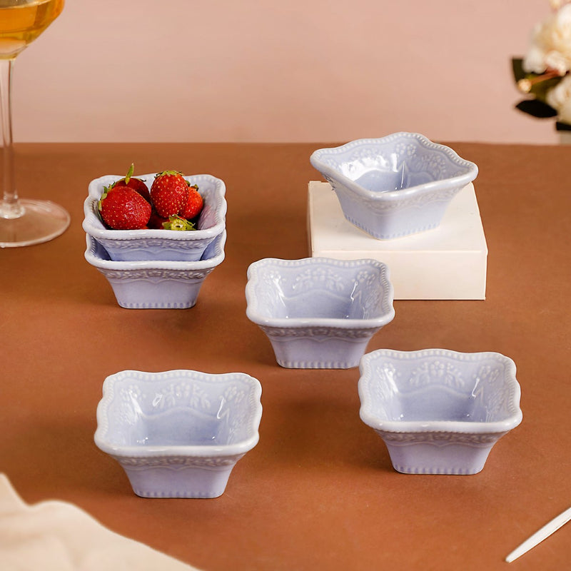 Floral Embossed Small Square Dip Bowl Set Of 6 Lavender 60ml - Dip bowls, mini bowls, ceramic dip bowls, small ceramic bowls