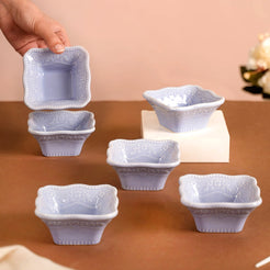 Floral Embossed Small Square Dip Bowl Set Of 6 Lavender 60ml - Dip bowls, mini bowls, ceramic dip bowls, small ceramic bowls