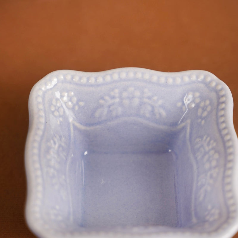 Floral Embossed Small Square Dip Bowl Set Of 6 Lavender 60ml - Dip bowls, mini bowls, ceramic dip bowls, small ceramic bowls