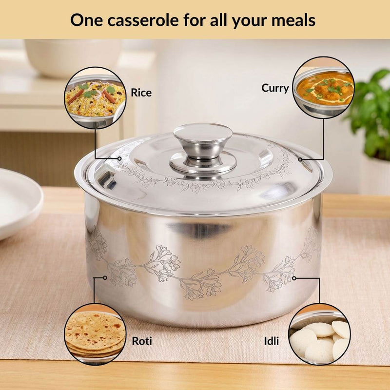 Floral Etched Stainless Steel Casserole With Lid 1500ml