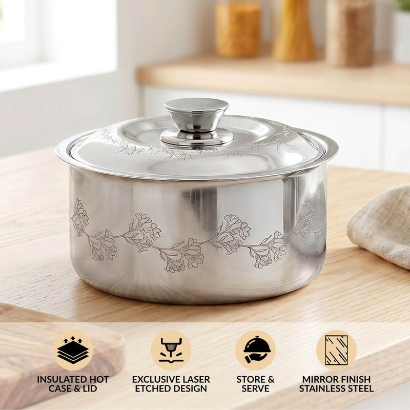 Floral Etched Stainless Steel Casserole With Lid 1500ml