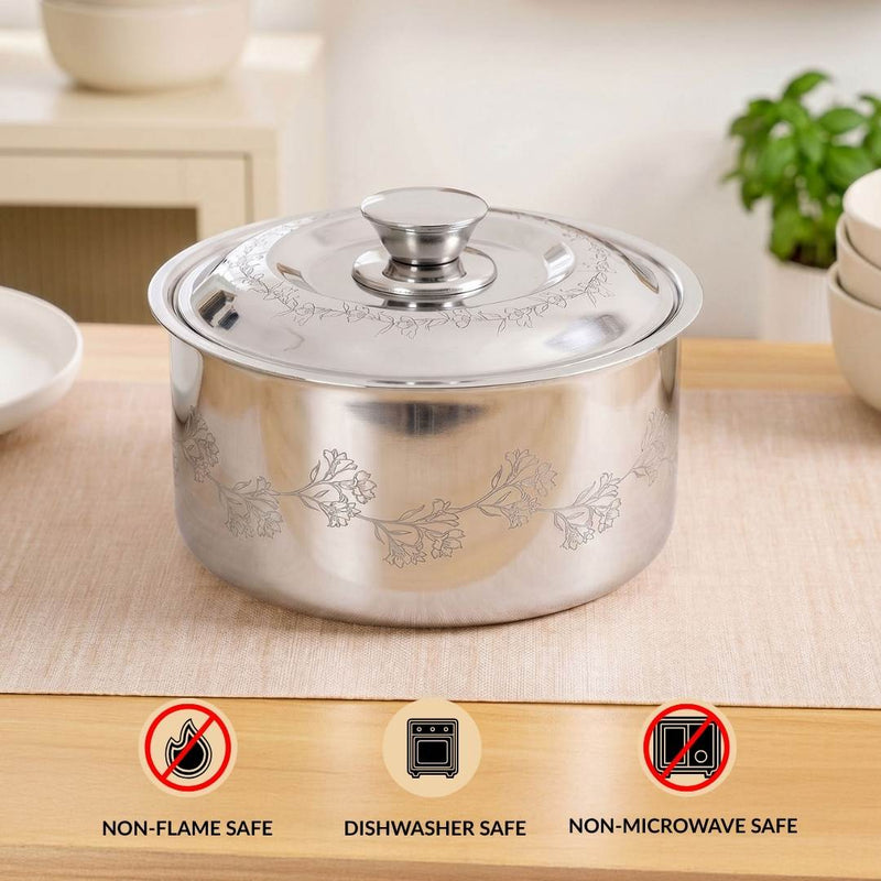 Floral Etched Stainless Steel Casserole With Lid 1500ml