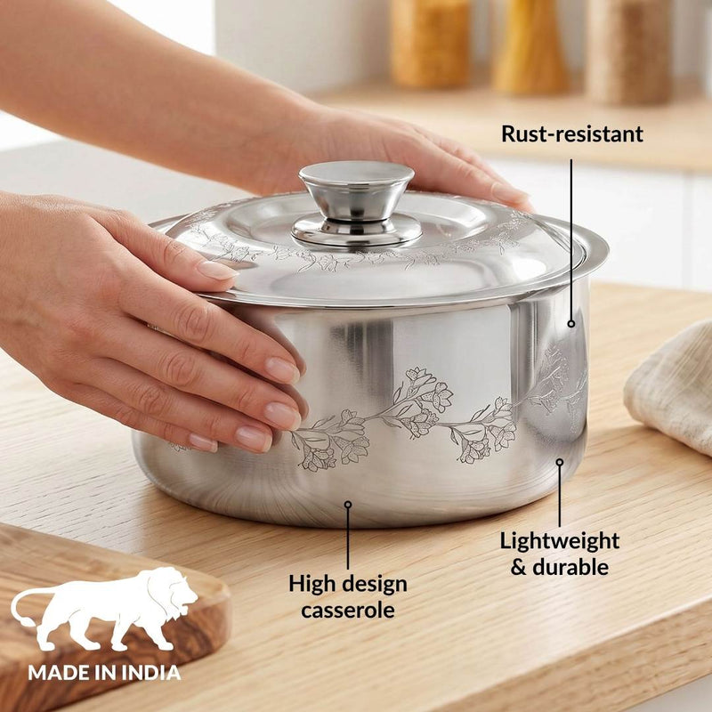Floral Etched Stainless Steel Casserole With Lid 1500ml