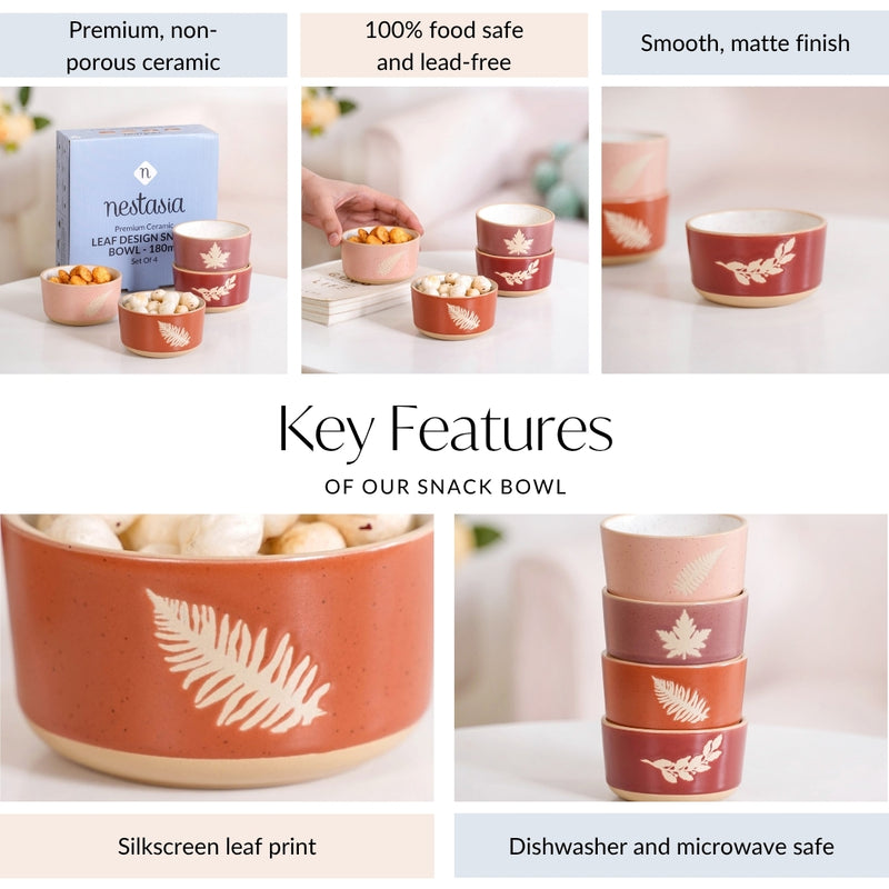 Leaf Design Ceramic Snack Bowl Set Of 4 180ml