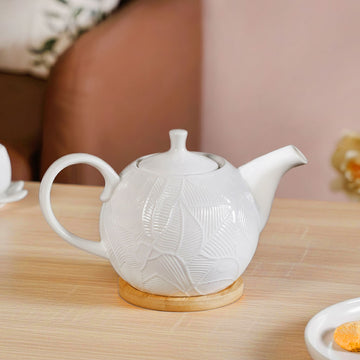 Leaf Embossed Ceramic Tea Pot With Stand 900ml