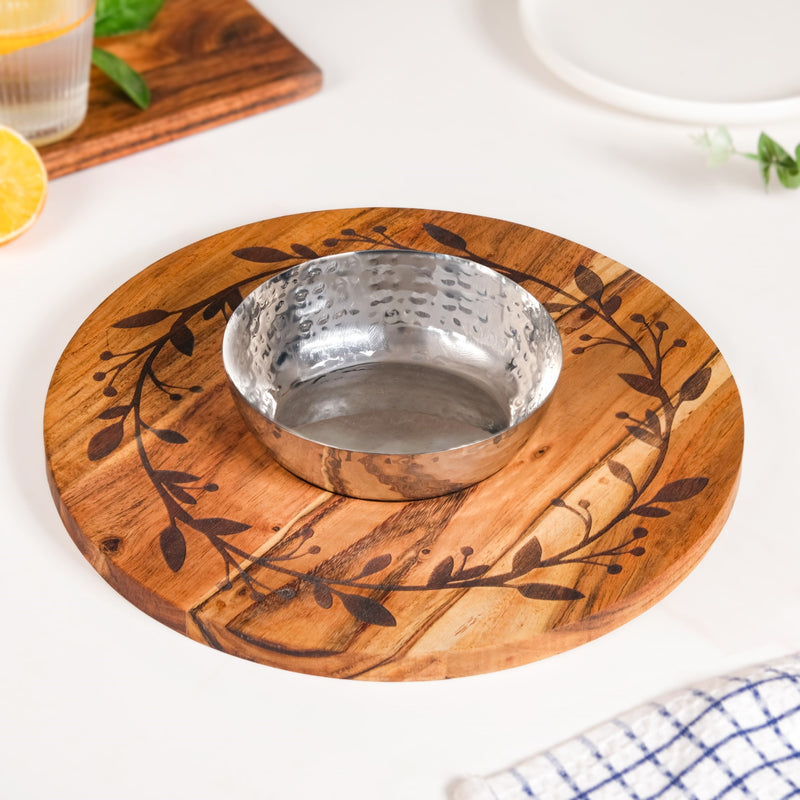 Leaf Engraved Acacia Wood Serving Platter With Steel Bowl