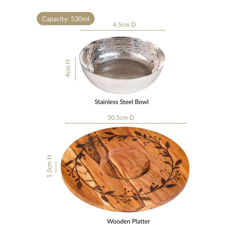 Leaf Engraved Acacia Wood Serving Platter With Steel Bowl