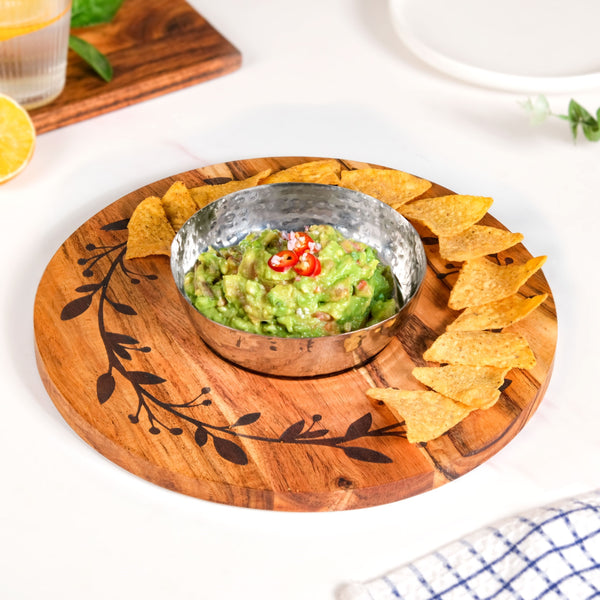 Leaf Engraved Acacia Wood Serving Platter With Steel Bowl