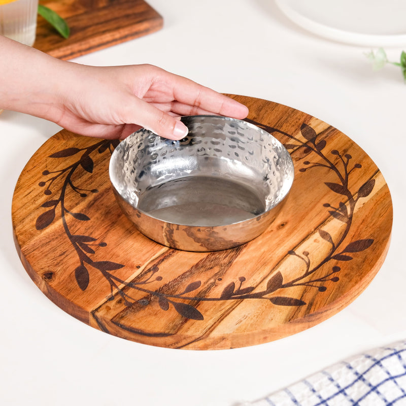 Leaf Engraved Acacia Wood Serving Platter With Steel Bowl