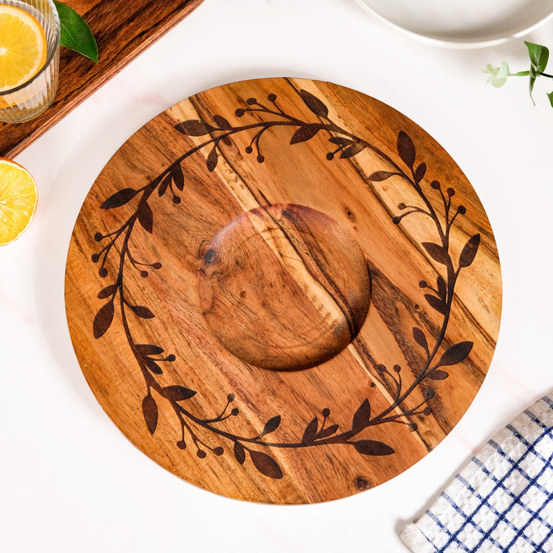 Leaf Engraved Acacia Wood Serving Platter With Steel Bowl