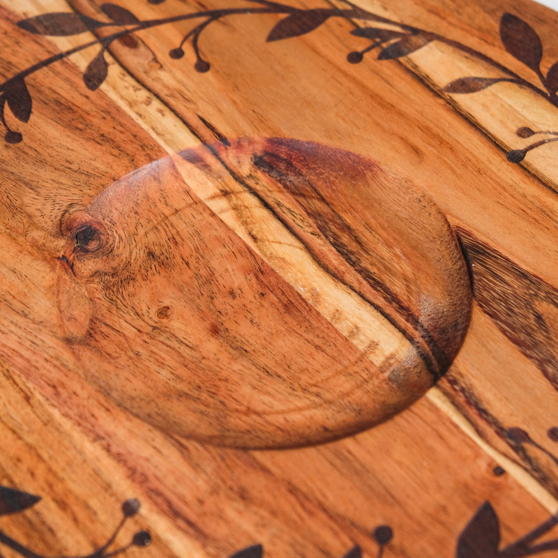 Leaf Engraved Acacia Wood Serving Platter With Steel Bowl