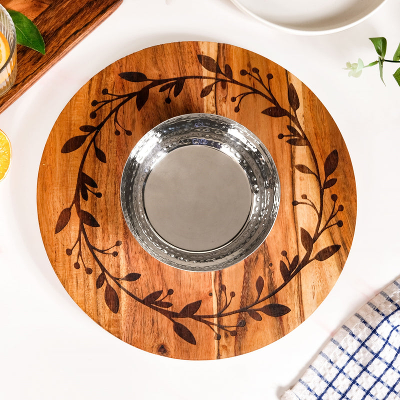 Leaf Engraved Acacia Wood Serving Platter With Steel Bowl