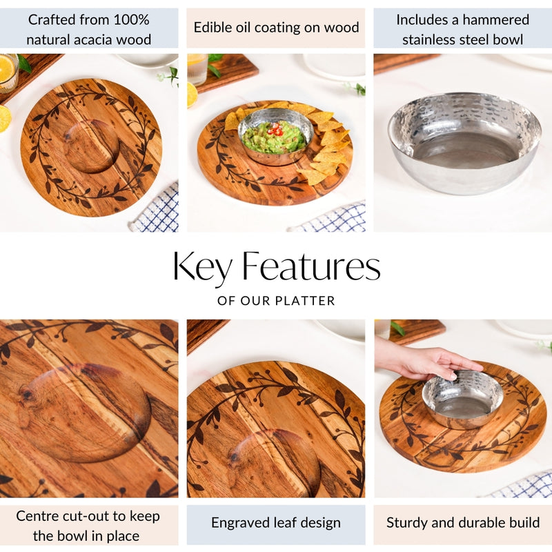 Leaf Engraved Acacia Wood Serving Platter With Steel Bowl