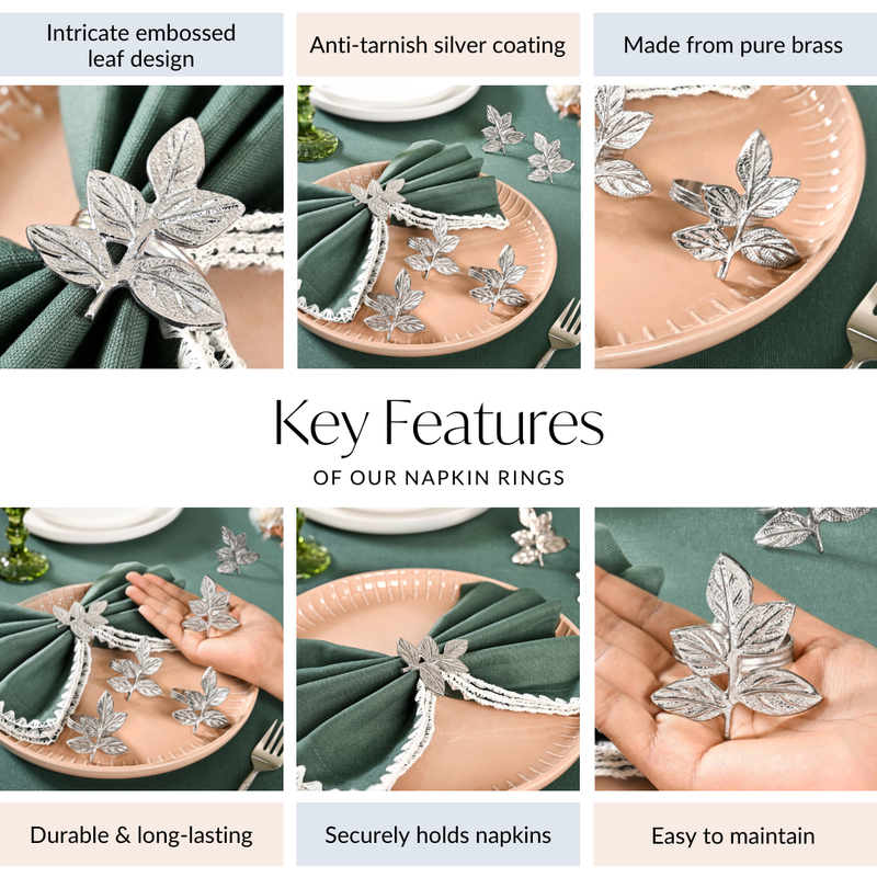 Leaf Pure Brass Napkin Ring With Silver Polish Set Of 6