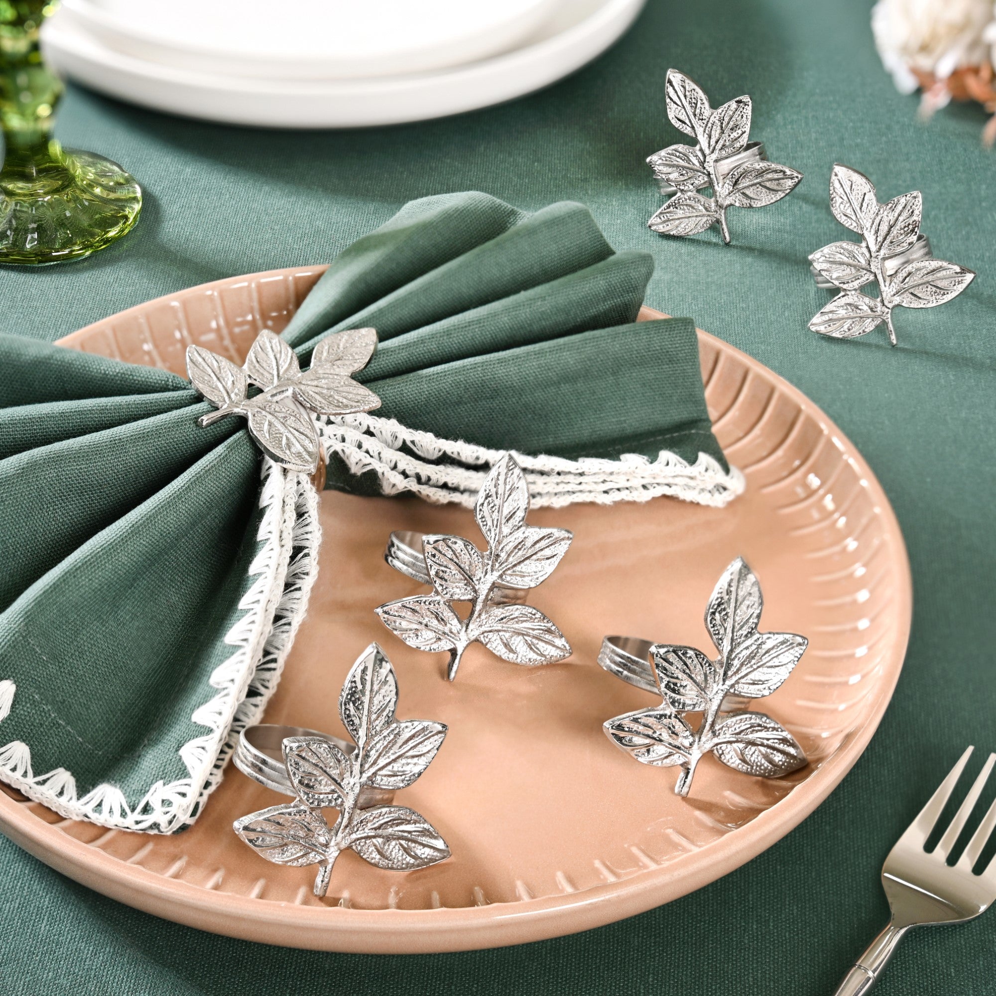 Leaf Pure Brass Napkin Ring Set Of 6 Silver