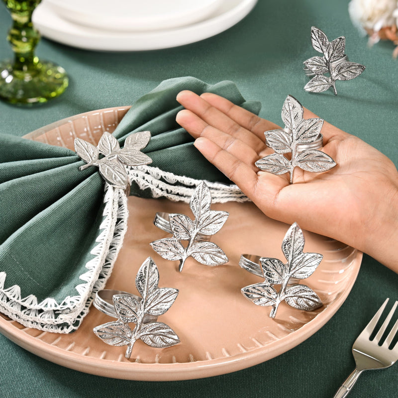 Leaf Pure Brass Napkin Ring With Silver Polish Set Of 6