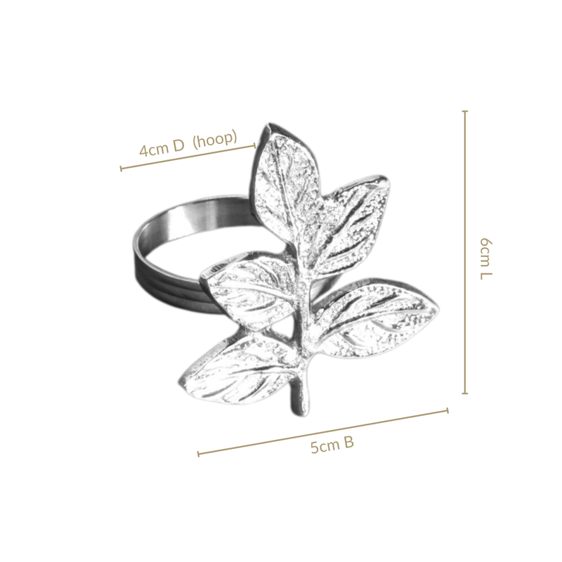 Leaf Pure Brass Napkin Ring With Silver Polish Set Of 6