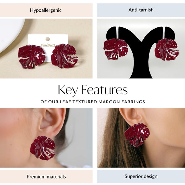 Leaf Textured Maroon Earrings