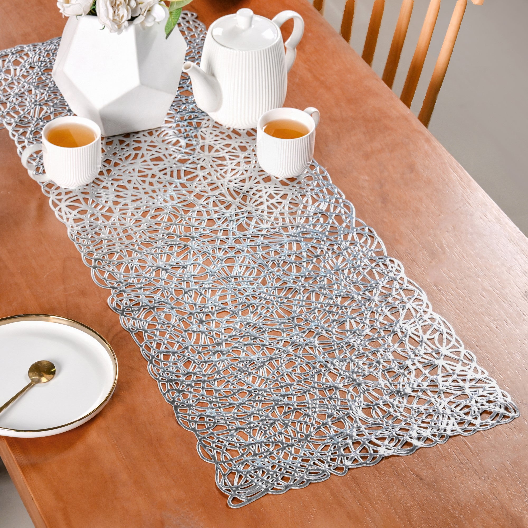 Modern Laser Cut Style Silver Table Runner Silver 92x35cm