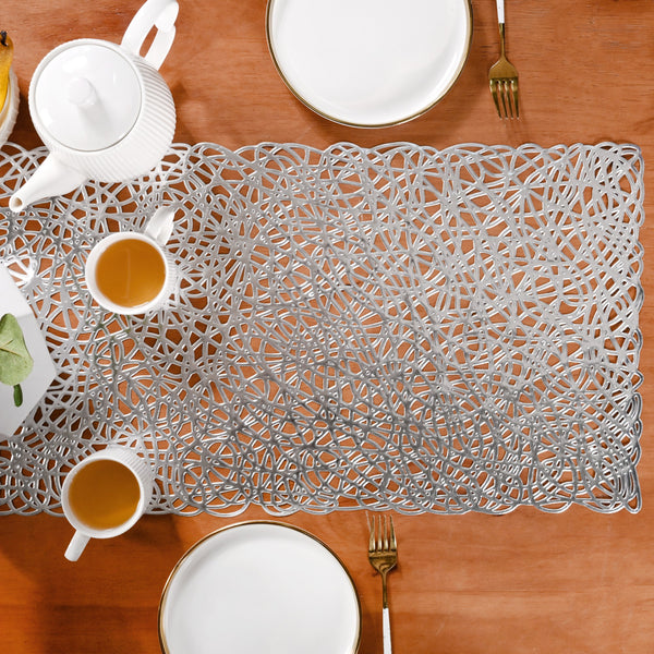 Modern Laser Cut Style Silver Table Runner Silver 92x35cm