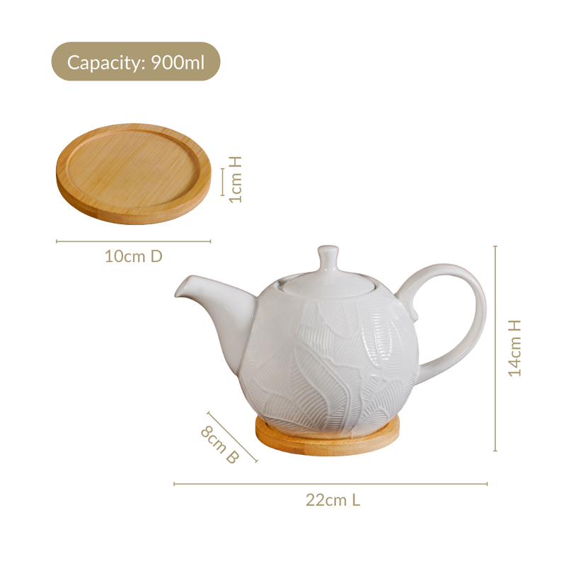 Leaf Embossed Ceramic Tea Pot With Stand 900ml