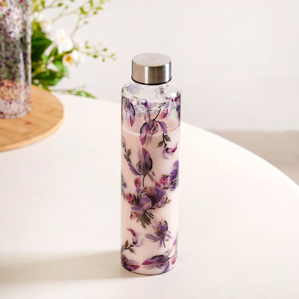 Leakproof Floral Glass Water Bottle With Stainless Steel Lid 1000ml