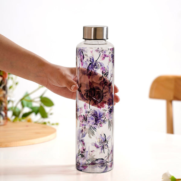 Leakproof Floral Glass Water Bottle With Stainless Steel Lid 1000ml