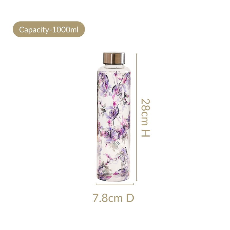 Leakproof Floral Glass Water Bottle With Stainless Steel Lid 1000ml