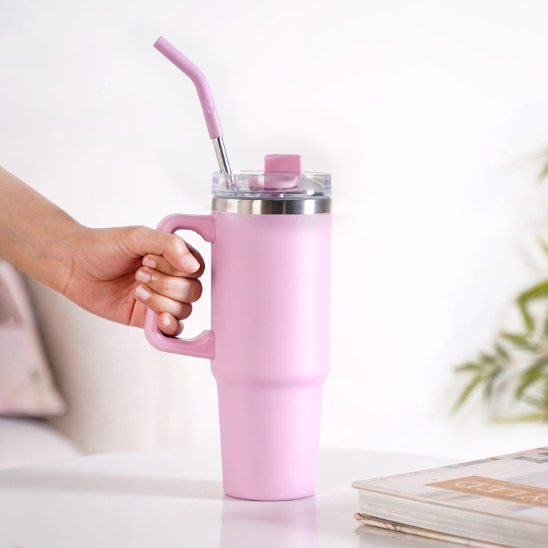 Light Pink Stainless Steel Water Bottle With Straw