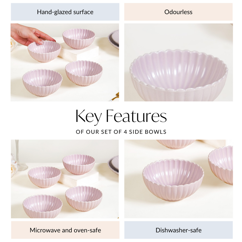 Lilac Scallop Side Bowls Set Of 4 250ml - Serving bowls, ceramic serving bowls, serving bowls set, snack bowls, icecream bowls, ceramic bowls