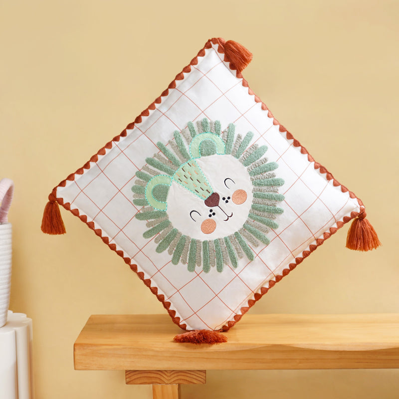 Lion Embroidered Cotton Kids Cushion Cover 42x42cm