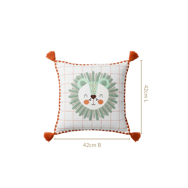 Lion Embroidered Cotton Kids Cushion Cover 42x42cm