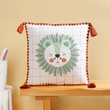 Lion Embroidered Cotton Kids Cushion Cover 42x42cm