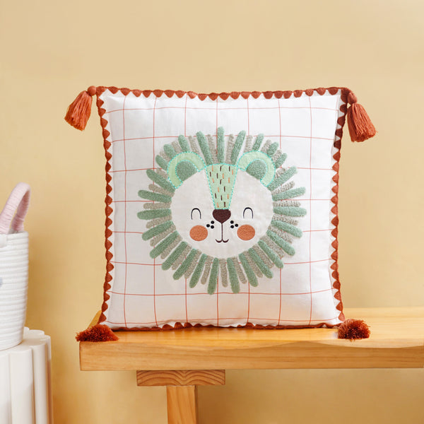 Lion Embroidered Cotton Kids Cushion Cover 42x42cm