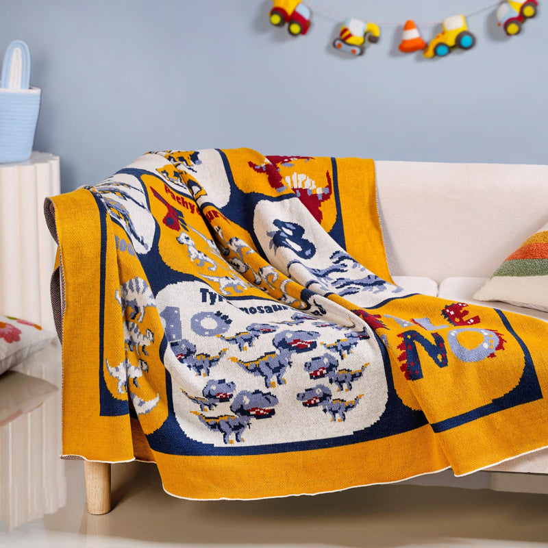 Little Dino Counting Knitted Kids Cotton Throw 159x124cm