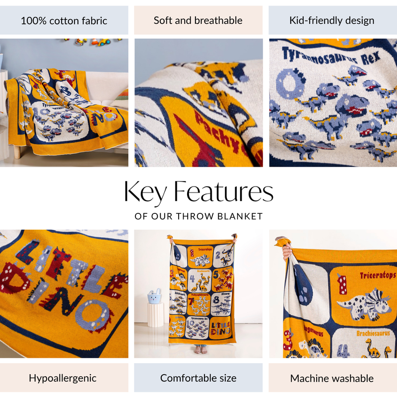 Little Dino Counting Knitted Kids Cotton Throw 159x124cm